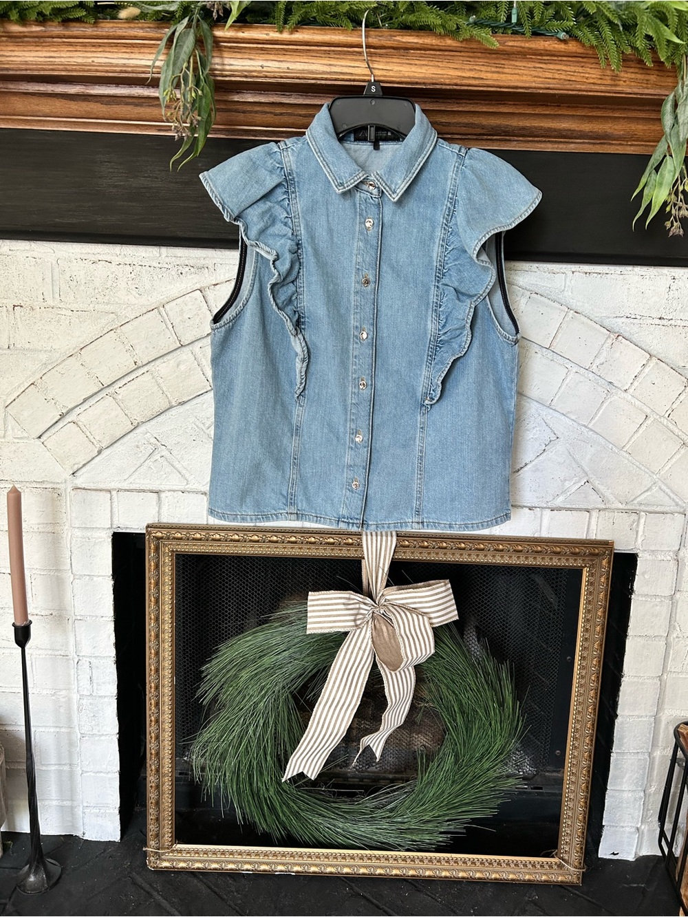 ZARA Denim Ruffle-Sleeve Button-Front Women’s Top - Light Blue